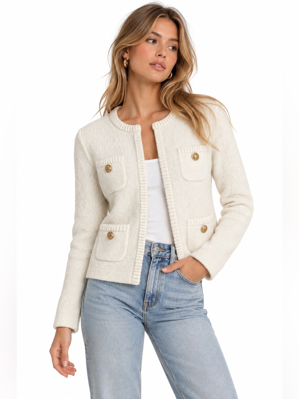AQUA Ivory Bouclé Knit Cardigan Jacket Gold Button Quiet Luxury M